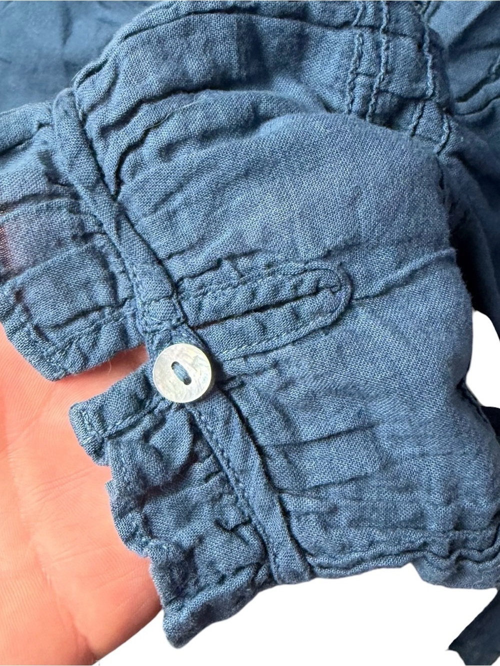 Washed Navy Ruffle-Trim Button Front Women's Top - Picture 4 of 9